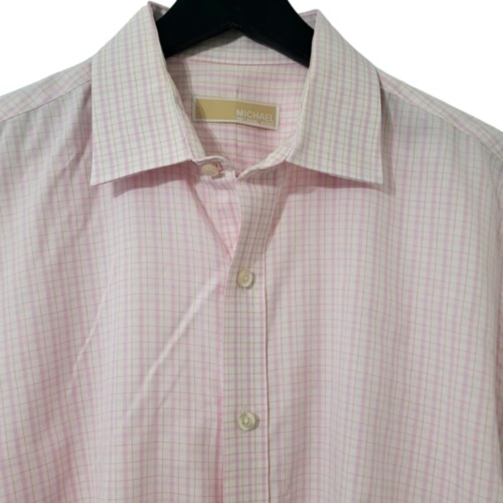 Michael Kors Dress Shirt 16 34/35 Pink Check Long Sleeve Spread Collar Business